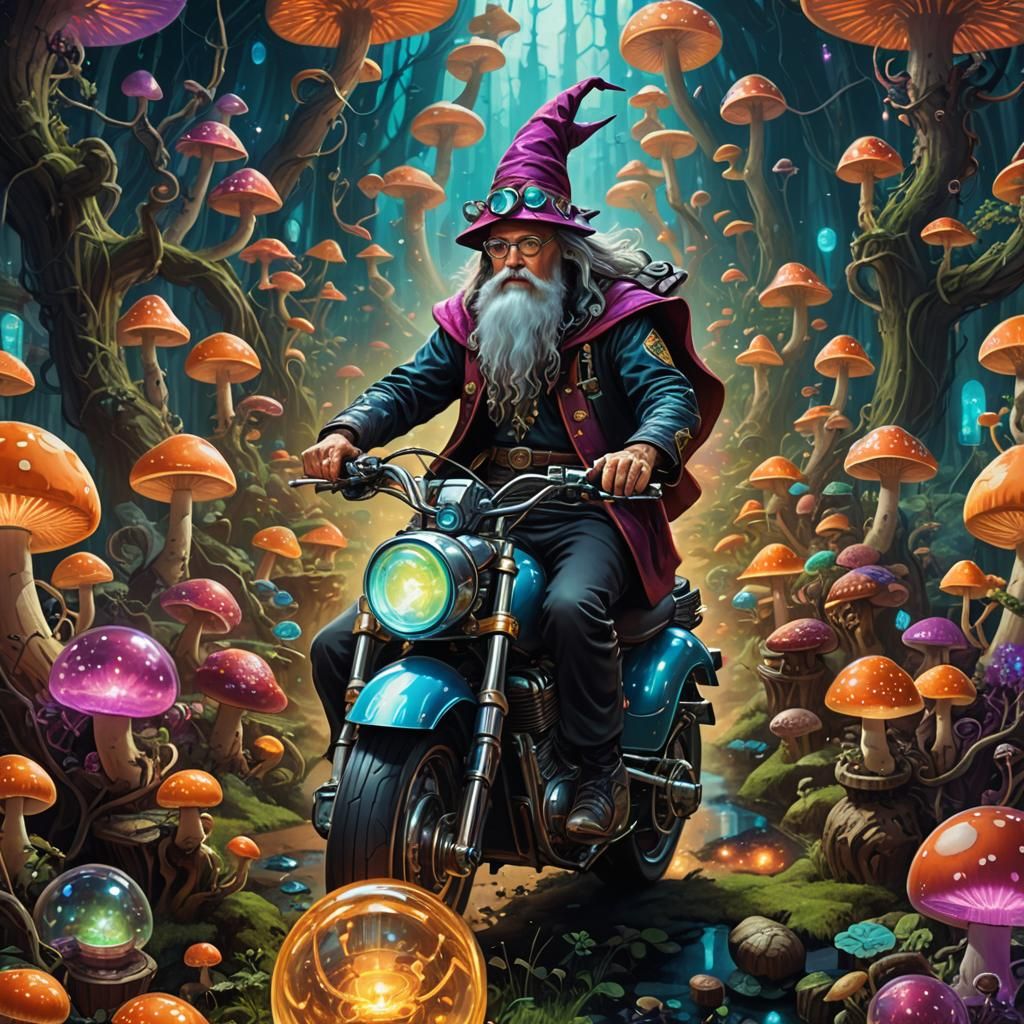 Psychedelic Wizard on Motorcycle in Mushroom Network