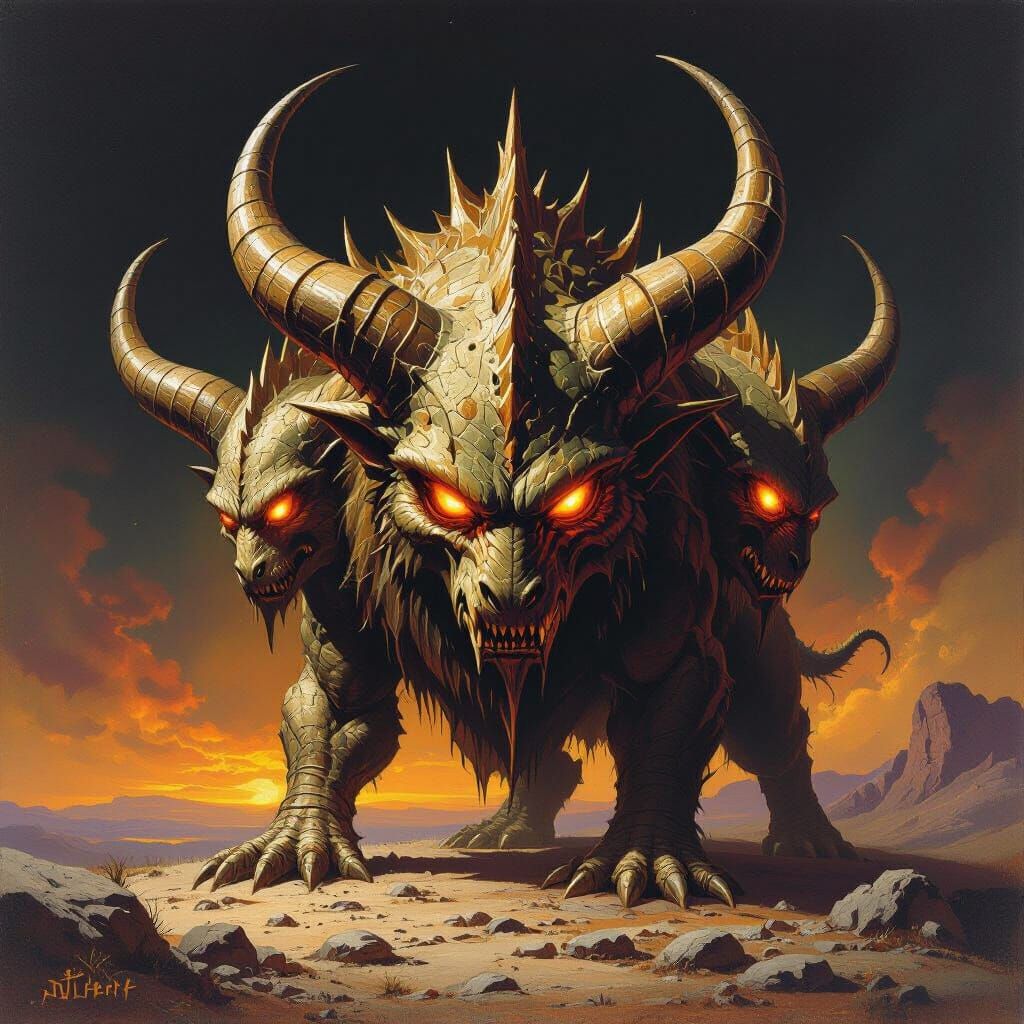 Seven-Headed Beast with Horns in Dark Fantasy Style