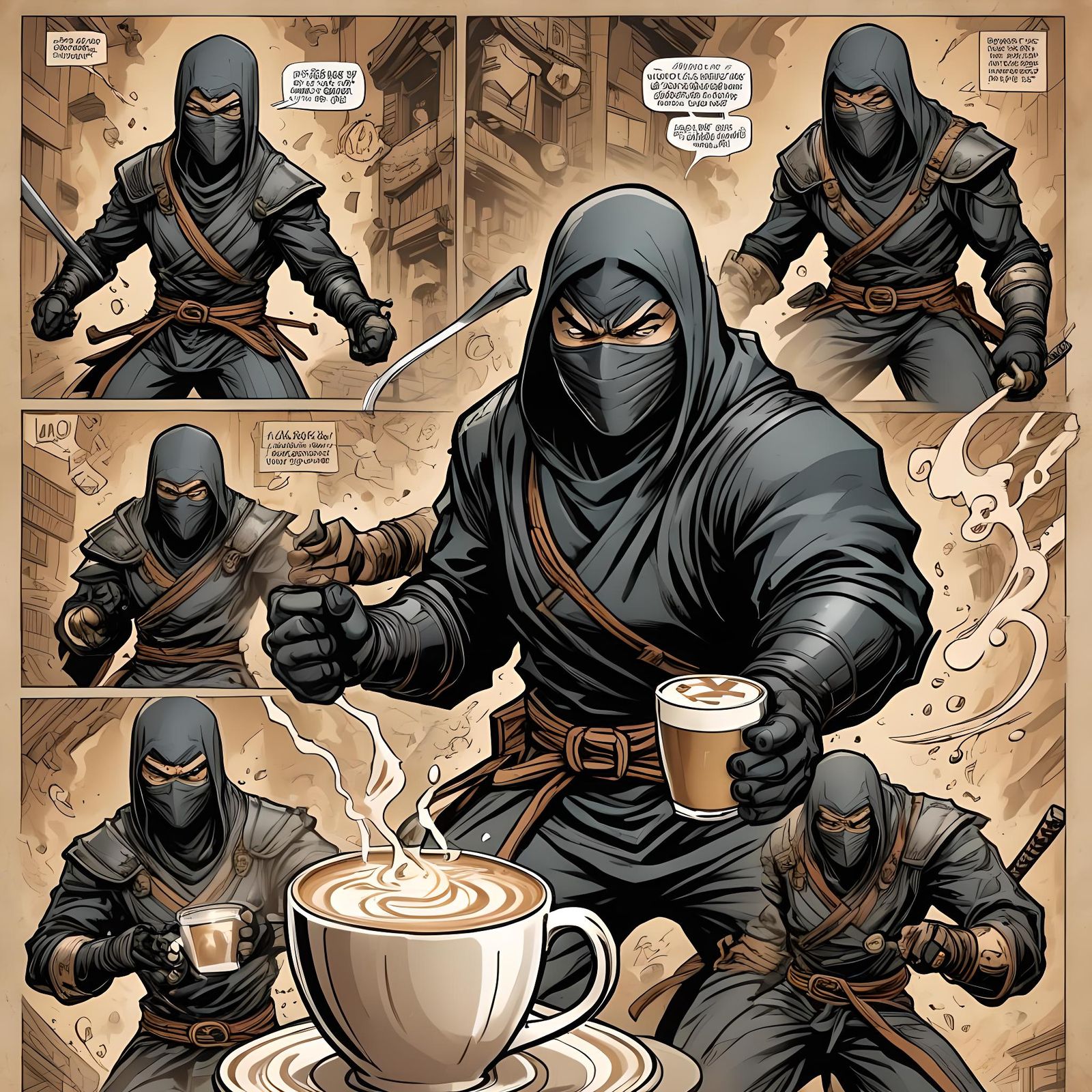 Angry Ninja with Latte in Comic Book Style