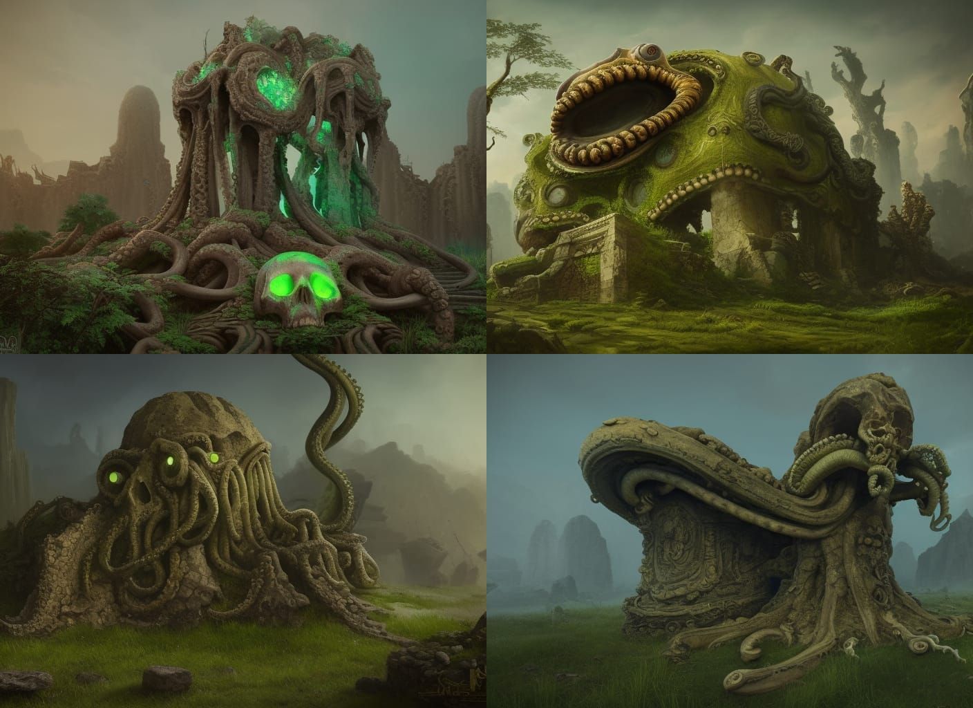 Tentacled Stone Skull Overlooking Wild Green Ruins