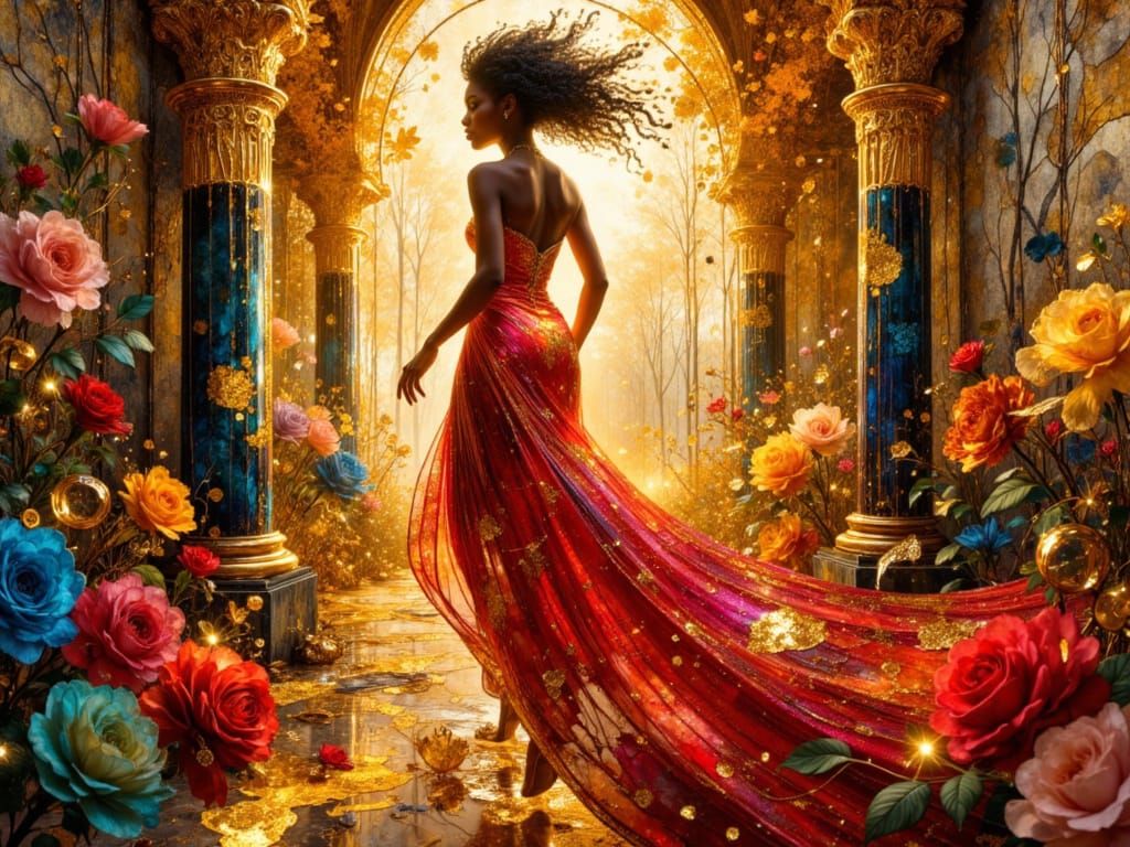 Caribbean Woman in Flowing Silk Gown