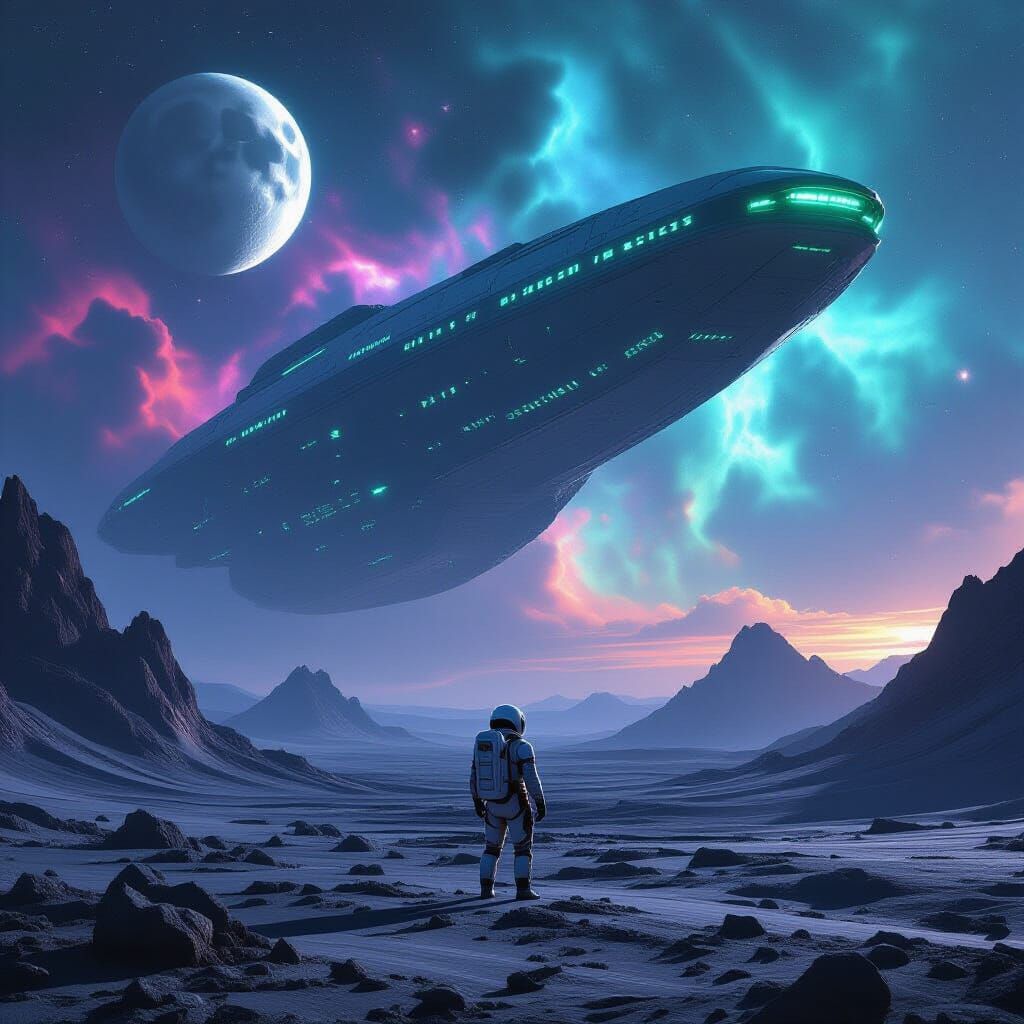 Astronaut on Alien Planet with Colossal Spaceship