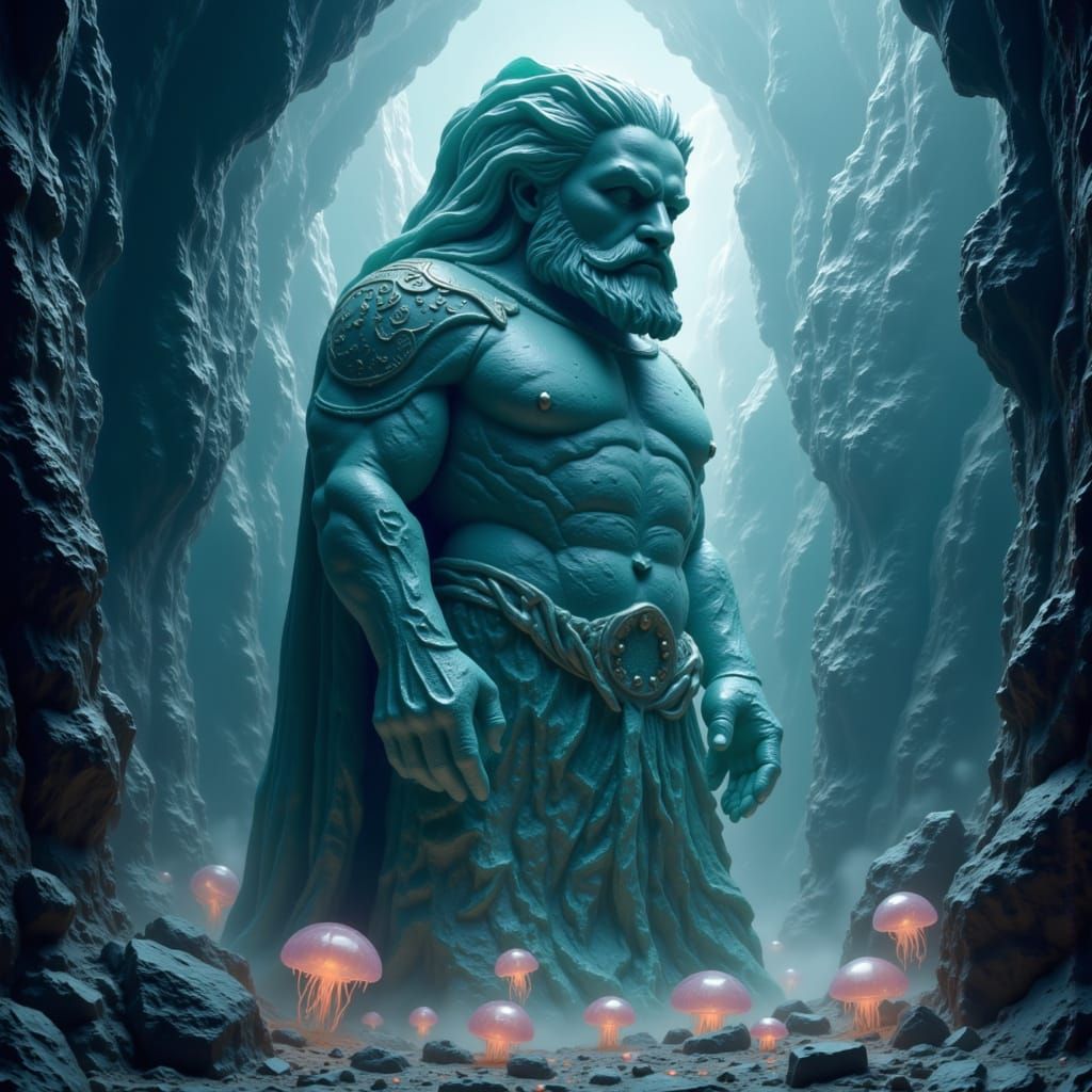Ancient Statue in Bioluminescent Dreamscape, Oil Painting