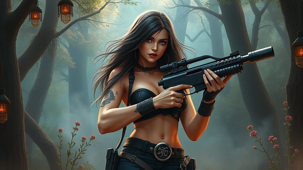 Sci-Fi Gun-Toting Woman in Ethereal Fantasy Style