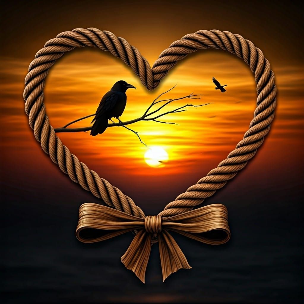 Heart-Shaped Frame in Braided Brown Rope with Yellow Sunset ...