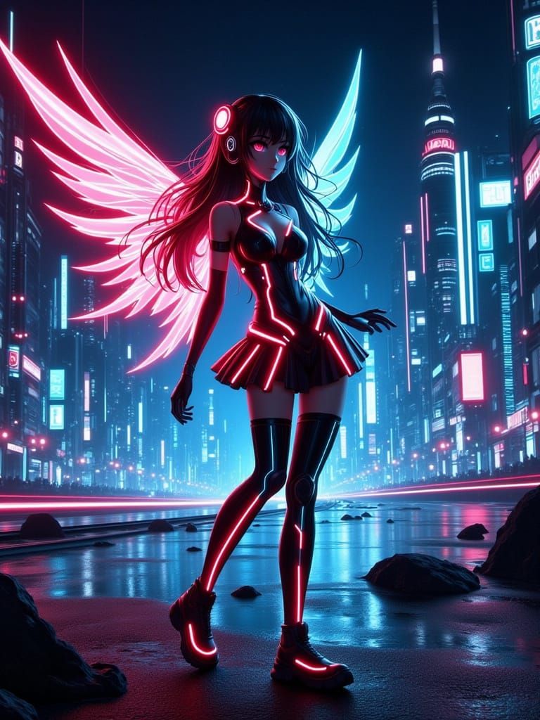 Anime TRON inspired winged female fairy, red, blue, with whi...