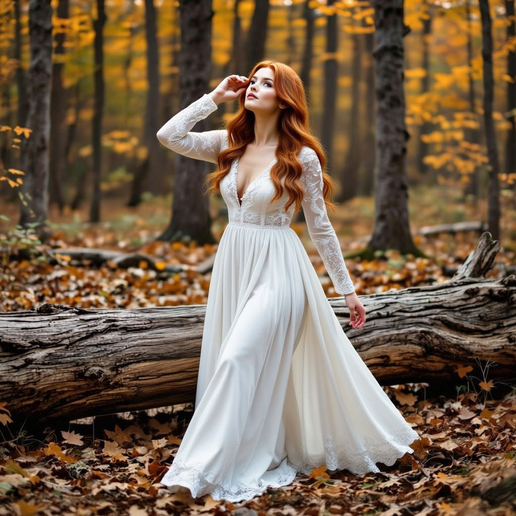 Redhead in White Dress in Autumn Forest