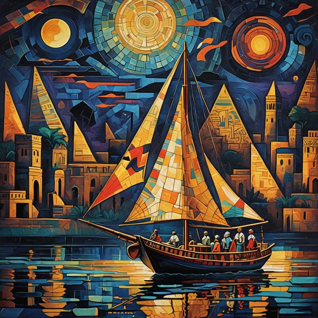 Tutankhamun Sails the Nile: A Cubist Painting