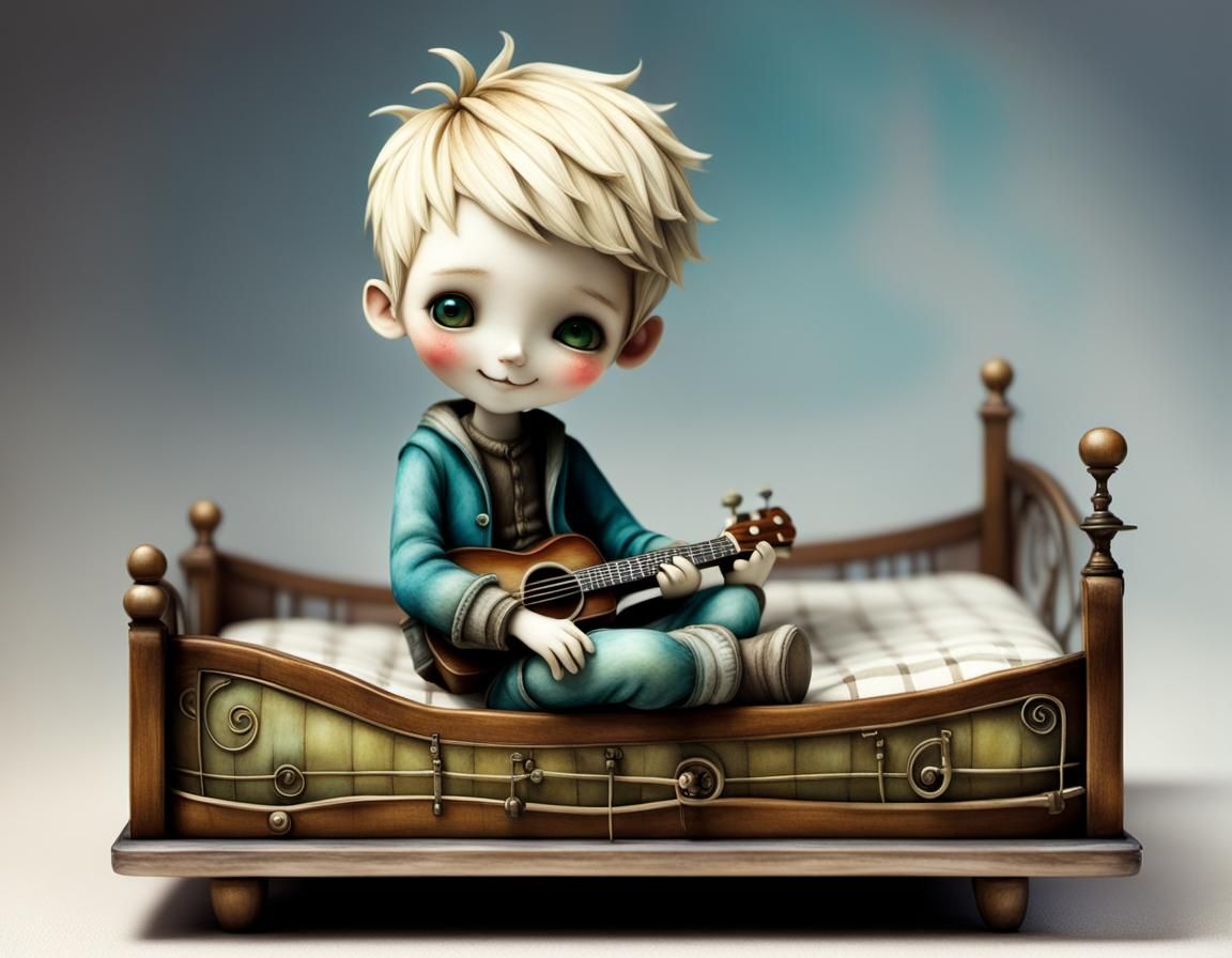 Boy Figurine Listening to Music in Surrealist Style