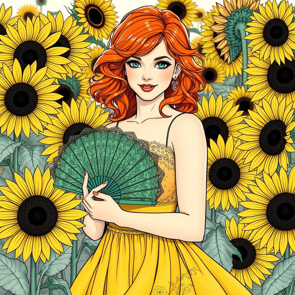 Whimsical Art Nouveau Woman Surrounded by Sunflowers in Blac...