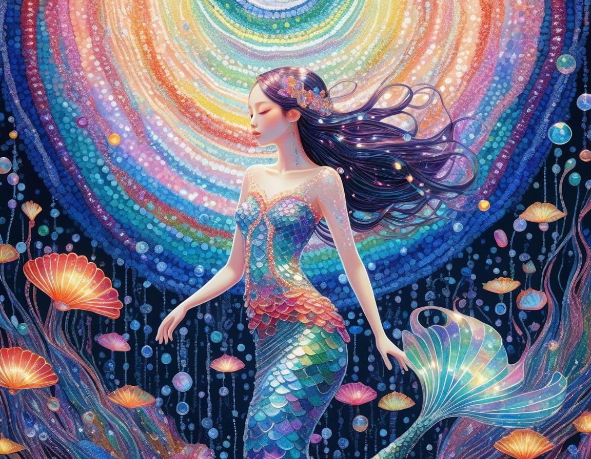 Glowing Mermaid in Beaded Gown, Takashi Murakami Style