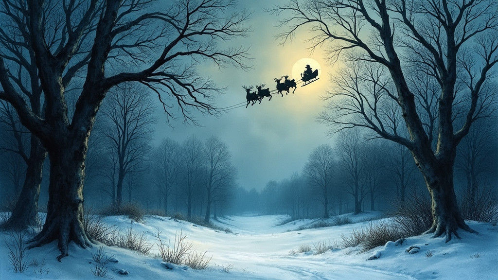 Watercolor Christmas Scene: Santa's Silhouette at Night