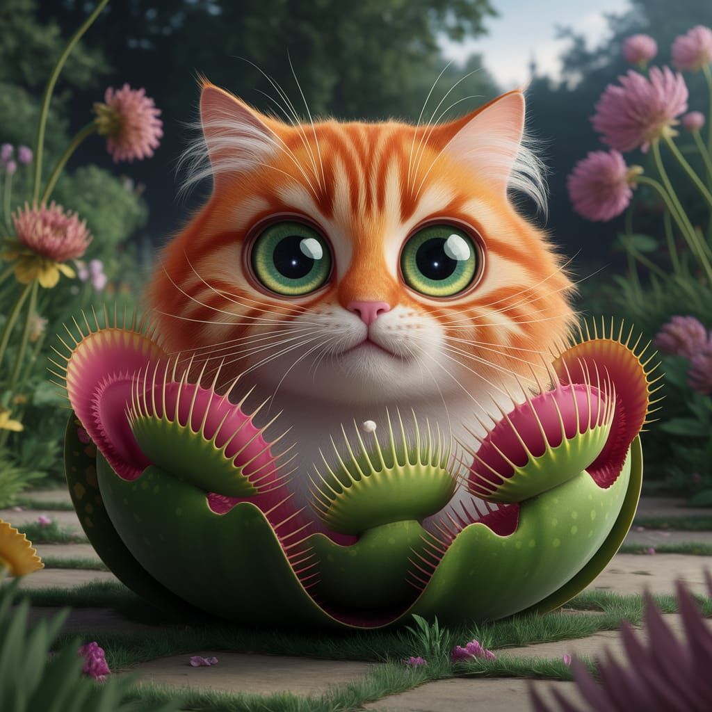 Surreal Venus Flytrap Cat Hybrid in Garden