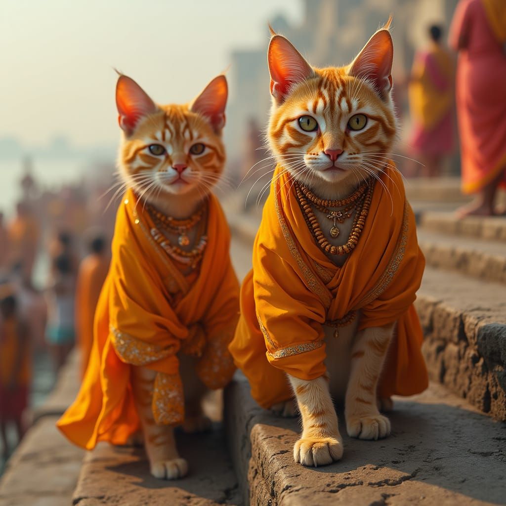 Majestic Felines Descend Ganges River Steps in Vibrant India...