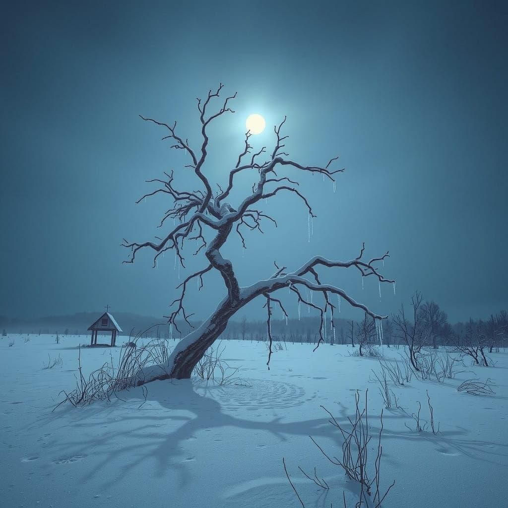 Frozen Tree in Moonlit Winter Landscape in a Goth Macabre St...