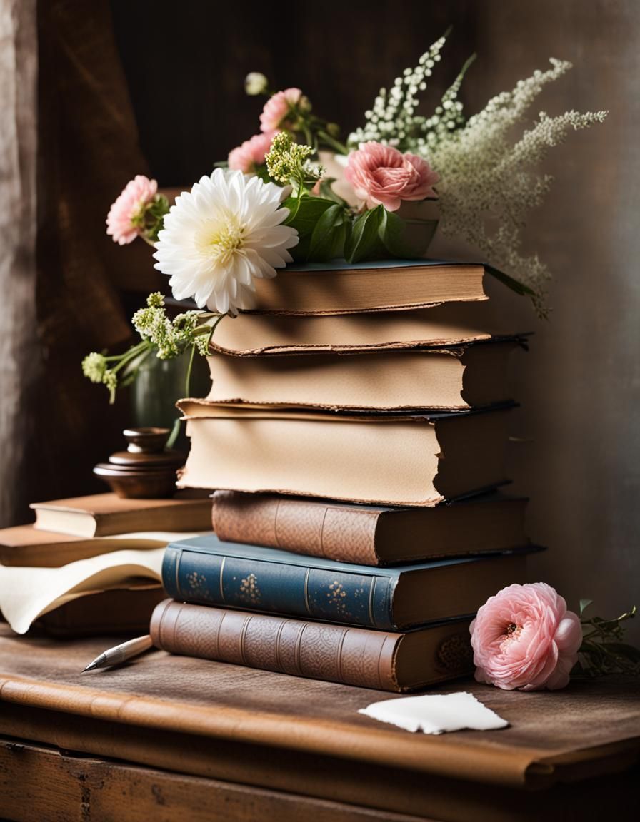 Vintage Desk with Books, Flowers and Quill