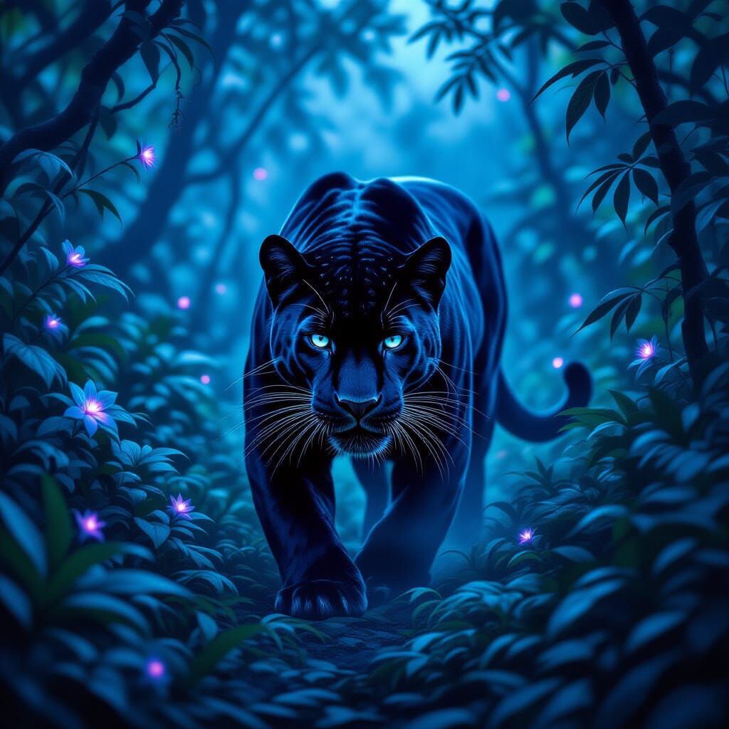 Black Panther in Bioluminescent Jungle, Hyperrealistic Art