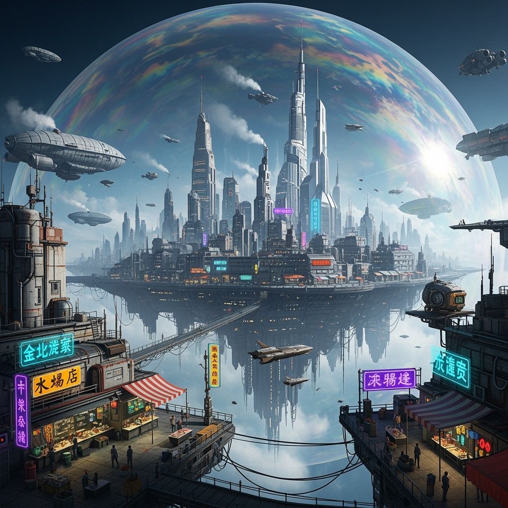 Floating Sky City in Iridescent Bubble