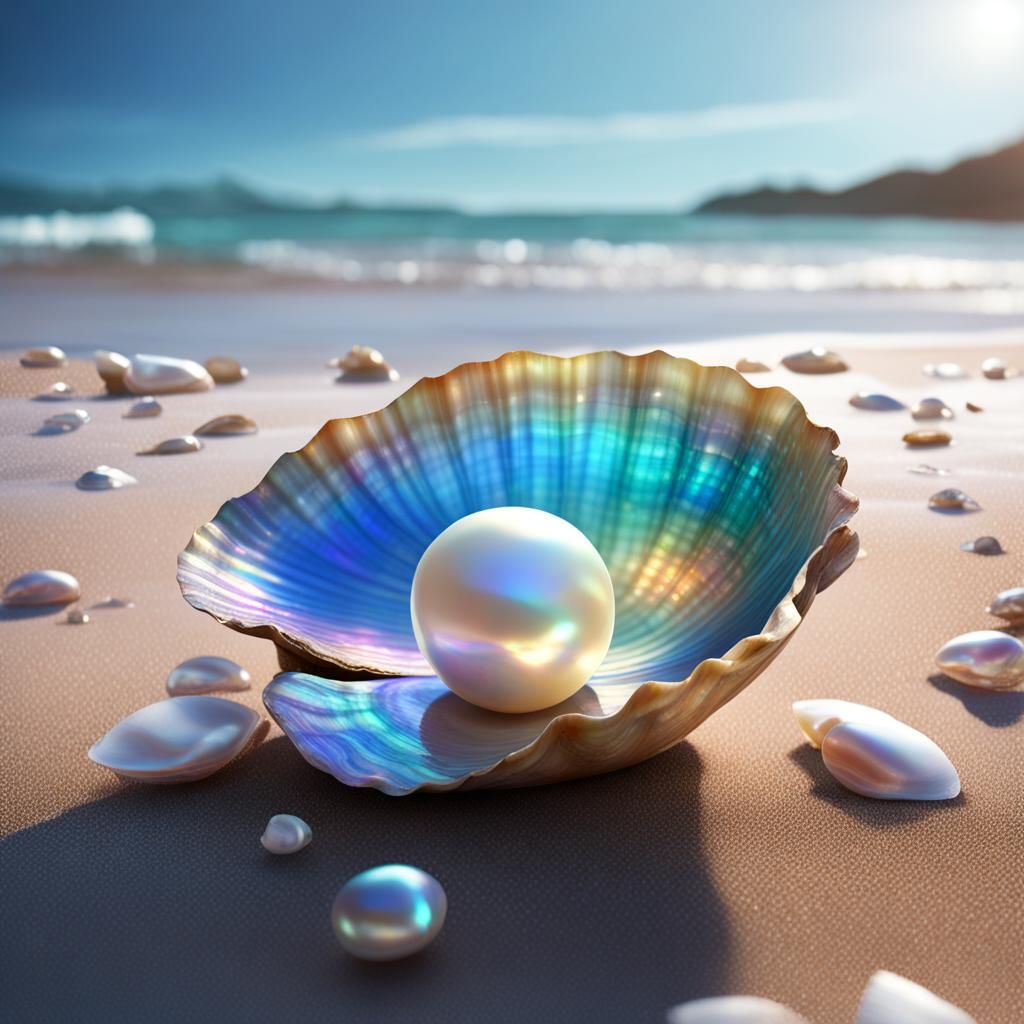 Iridescent Pearl Inside a Clam Shell on Beach