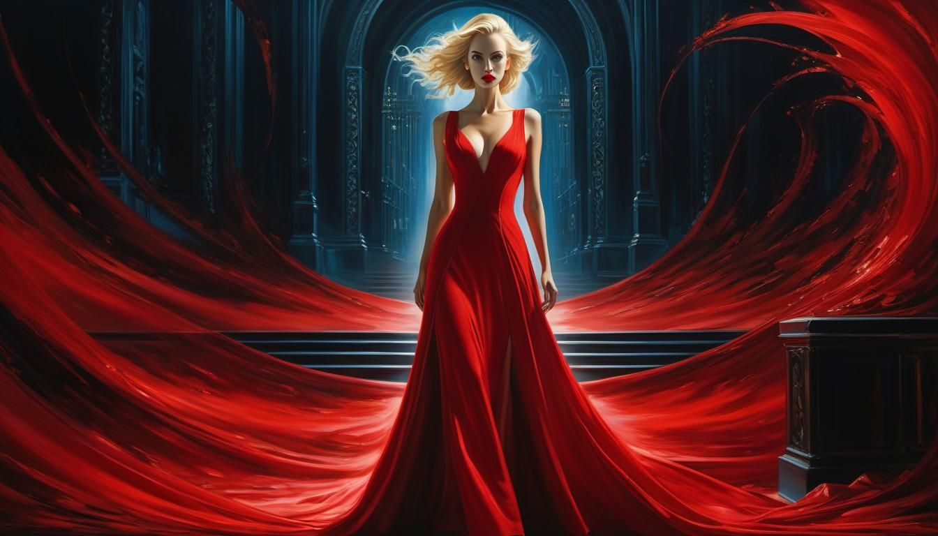 Blonde Woman in Red Dress: Neo-Impressionist Matrix Art
