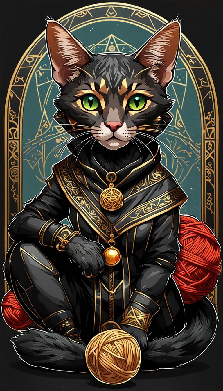 Cute Black Tabaxi with Yarn, Art Nouveau Style