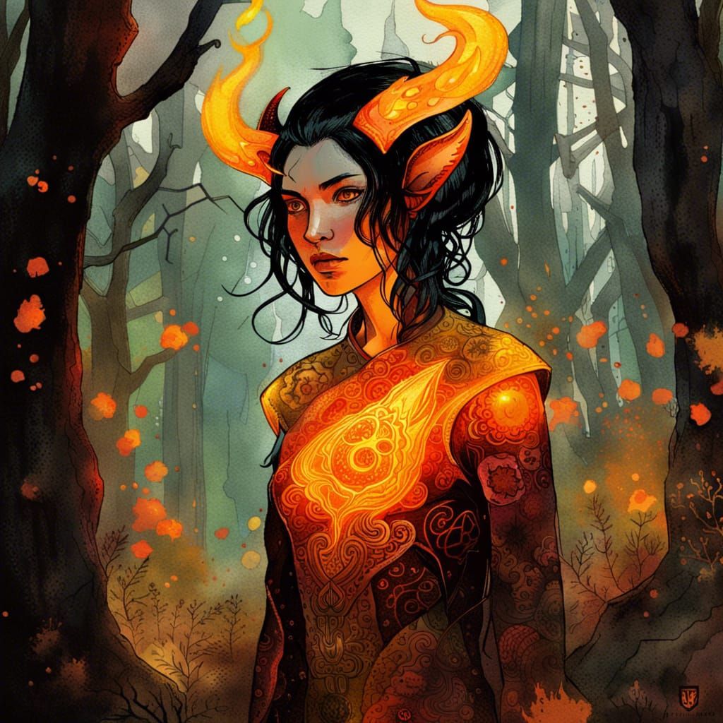 Tiefling Bard in Forest with Flaming Accents