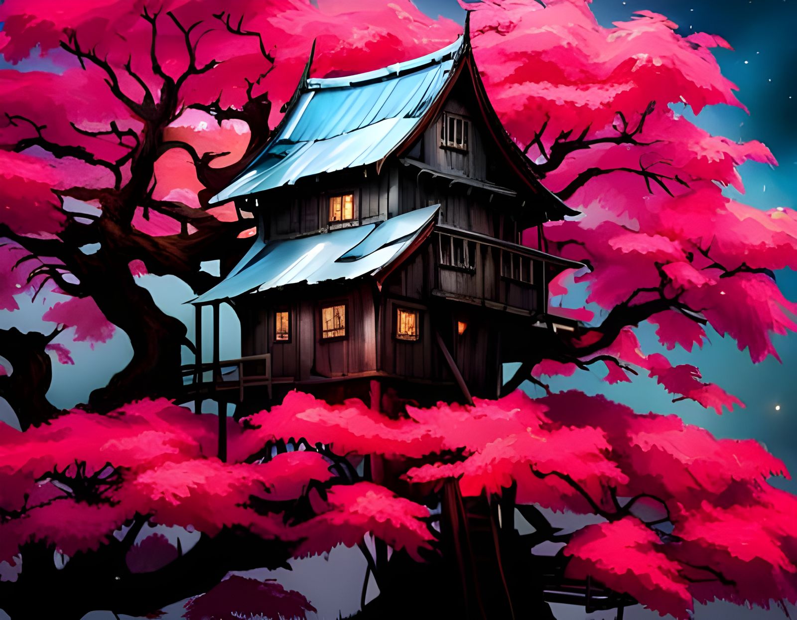 Cherry Blossom Bonsai Treehouse at Night