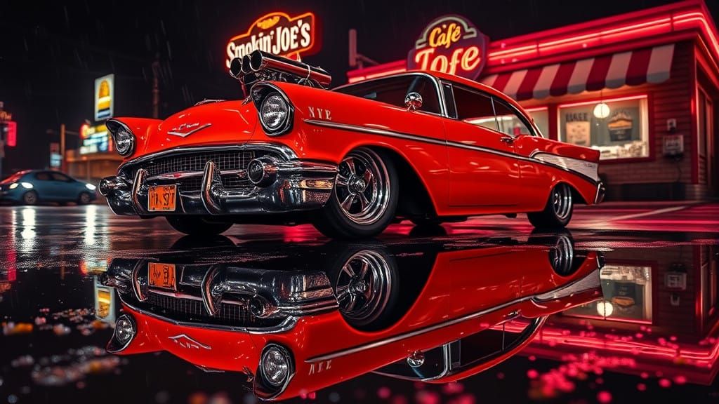 a realistic very closeup 2/3 angled photo of an wild cherry tangerine paint 1957 Chevy Bel-Air street rod, a big block b...