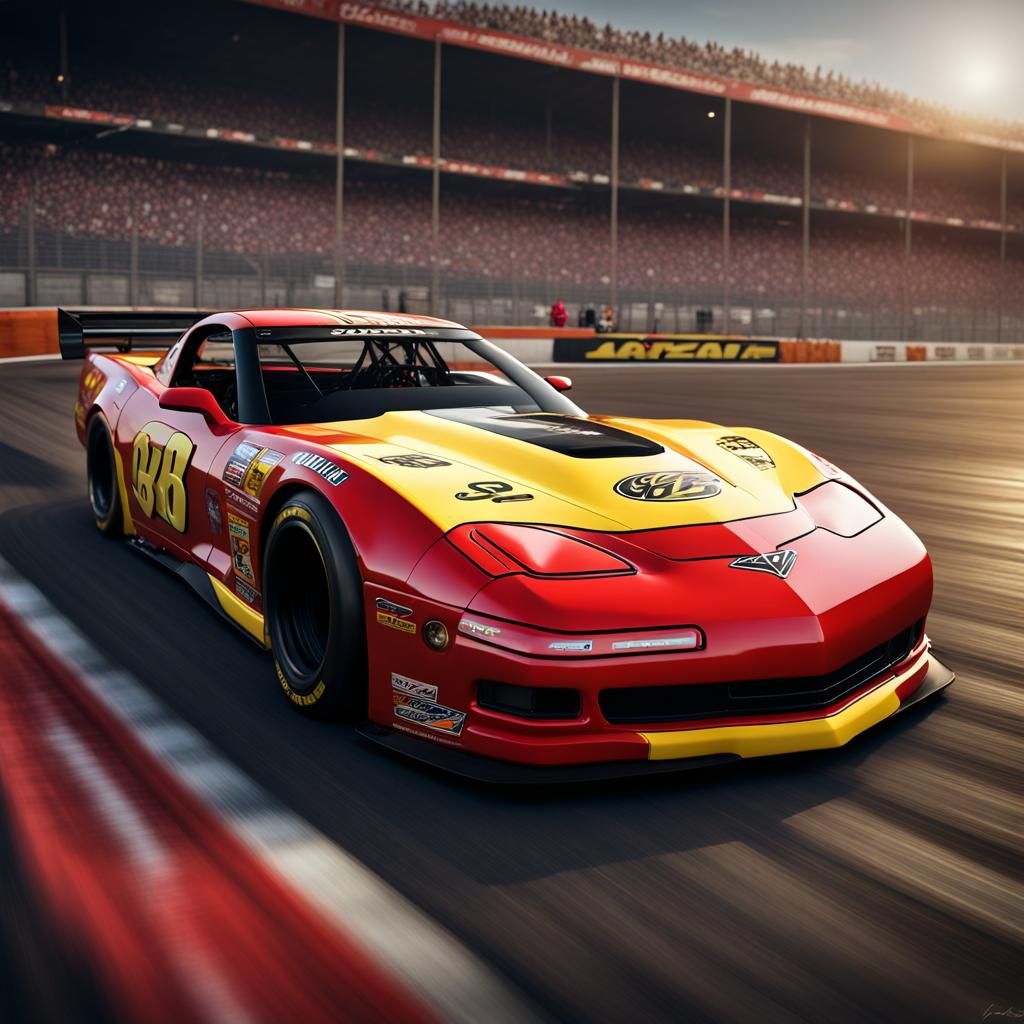 "Very long and incredible wide, flat NASCAR Corvette, red an...