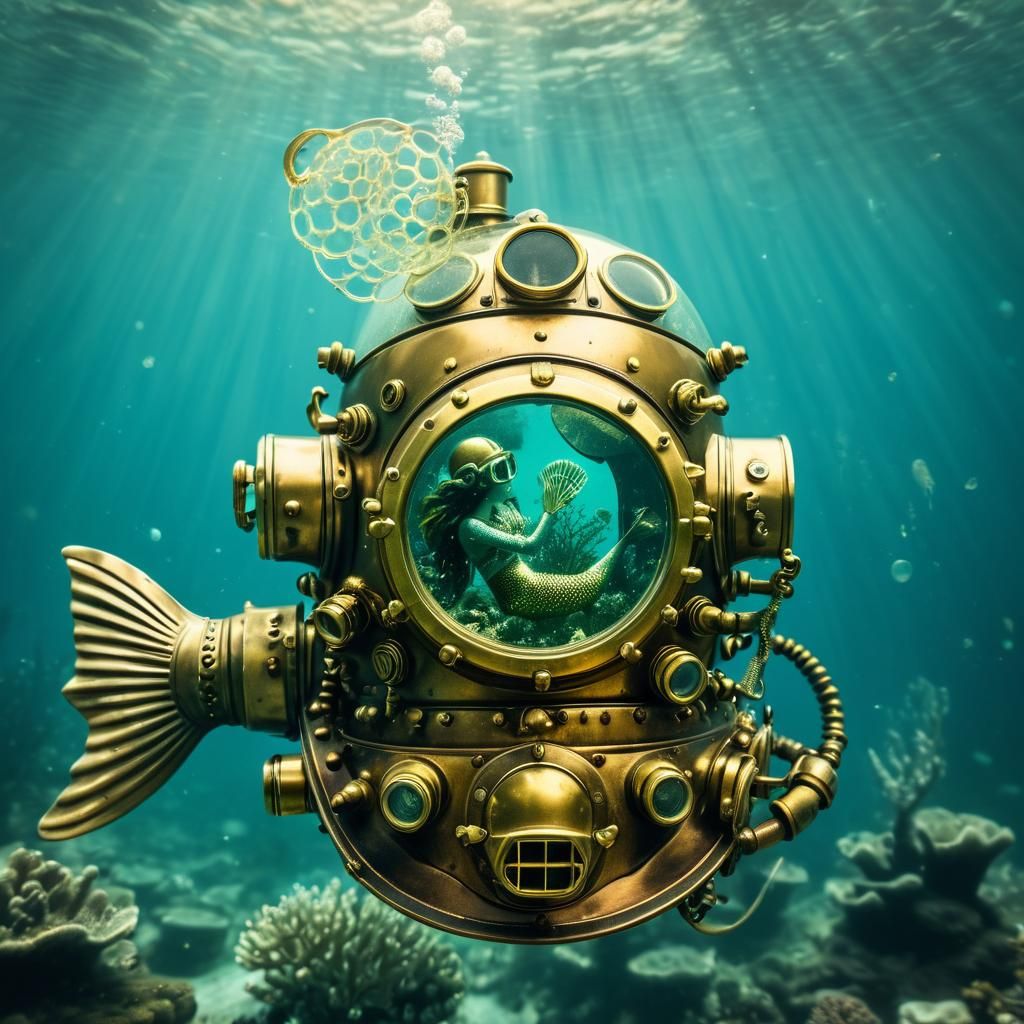 Steampunk Mermaid in Diving Helmet Double Exposure