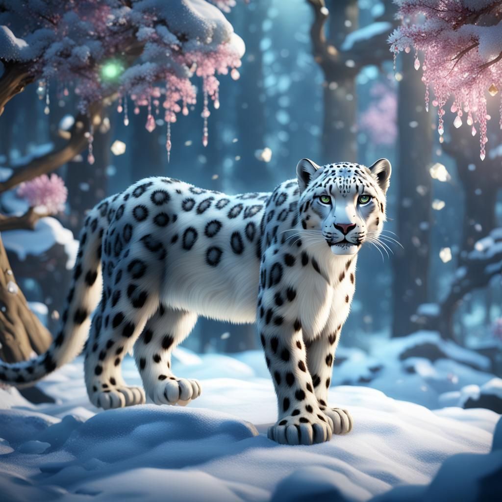 Jeweled Snow Leopard in Crystal Forest, Anime Artwork