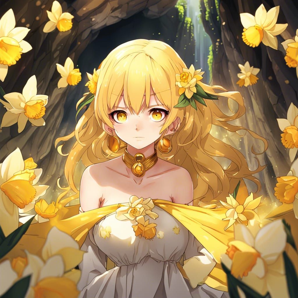 Anime Girl in Topaz Cave with Daffodil Dress