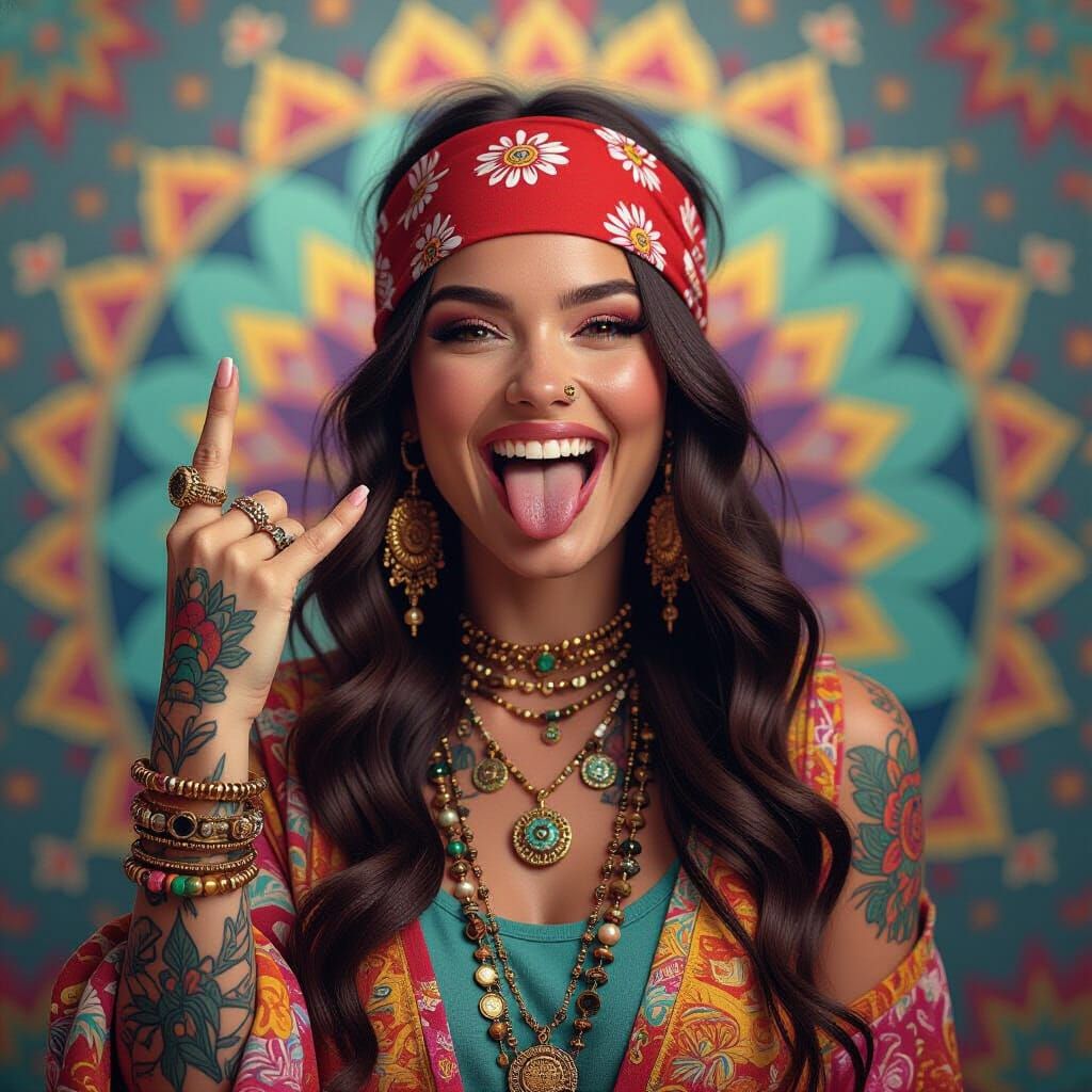 Psychedelic Hippie Portrait in Art Nouveau Style