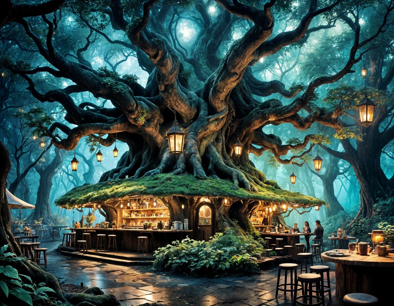 Enchanted Woodland Cafe With Mystical Creatures