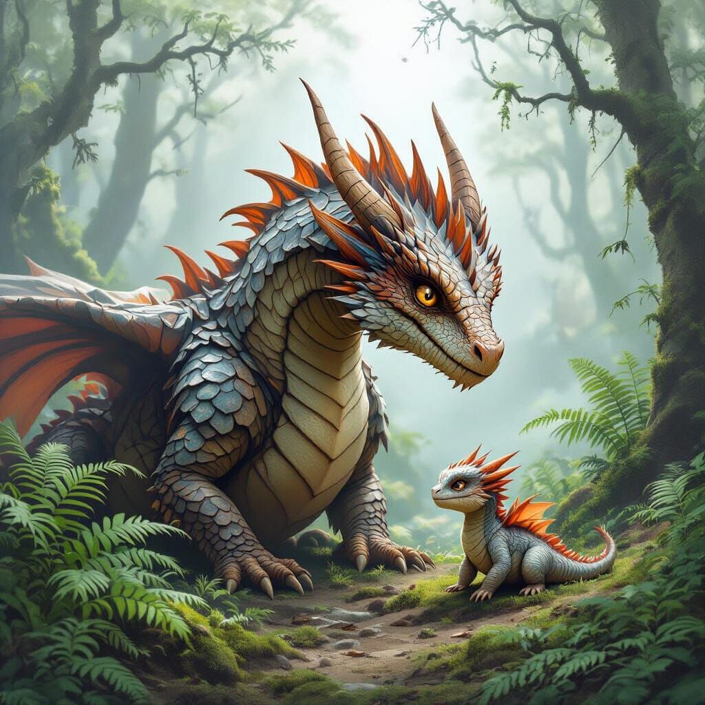 Mother and Baby Dragon in Mystical Forest