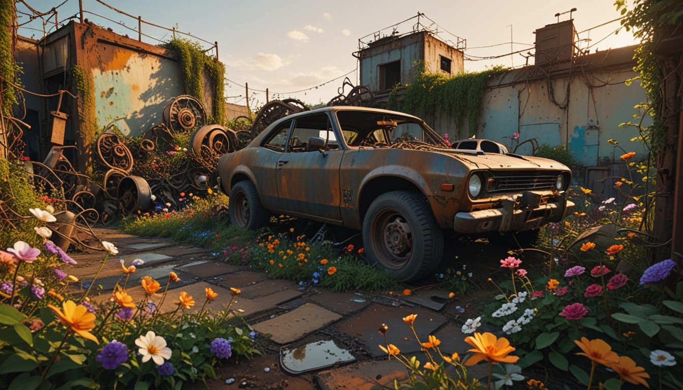 Zen Garden Meets Junkyard in Surreal Oil Painting