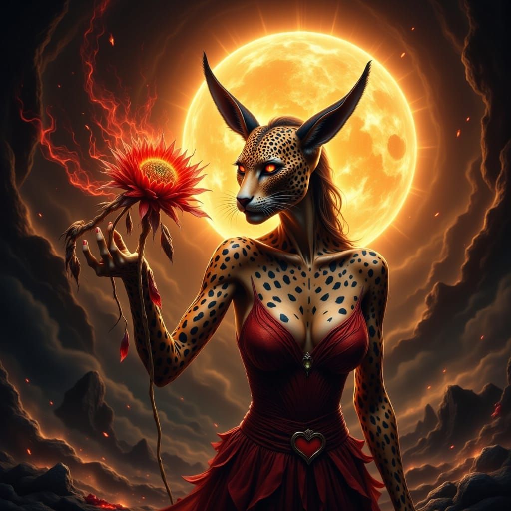 A hot sun and beast with the face of a leopard, the ears of ...