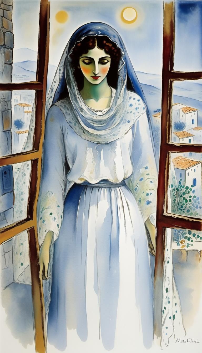 Sardinian Girl with Veil in Chagall Style