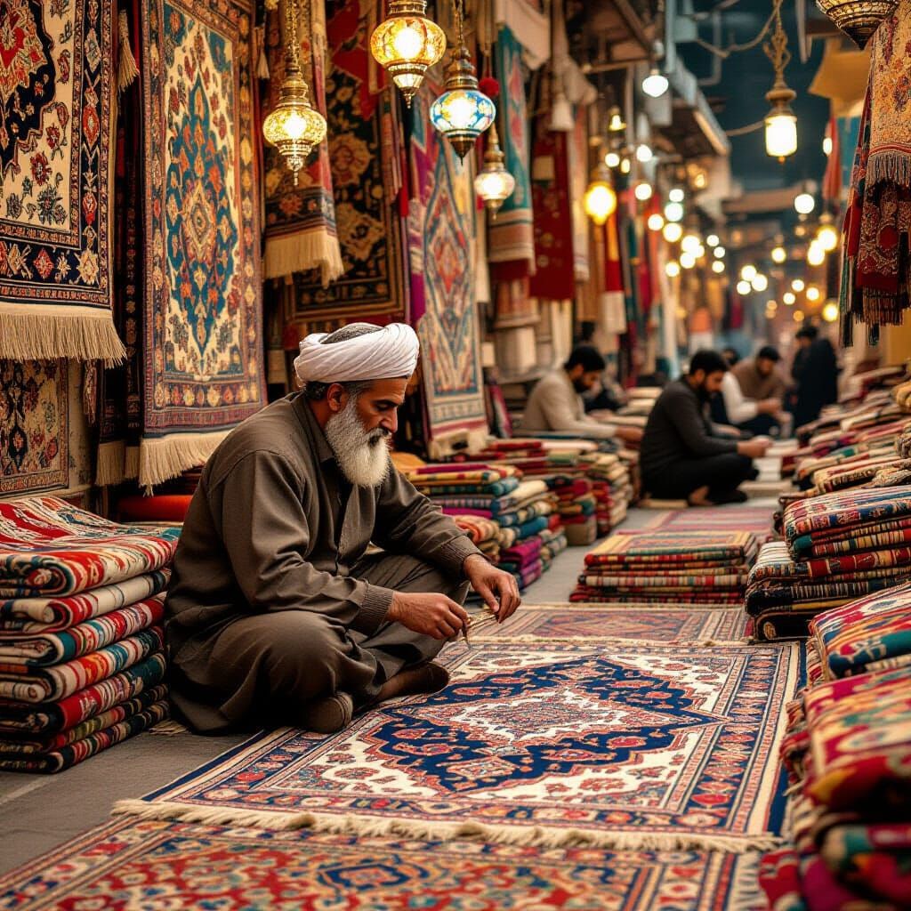 Weaving Persian Carpets in a Tehran Marketplace