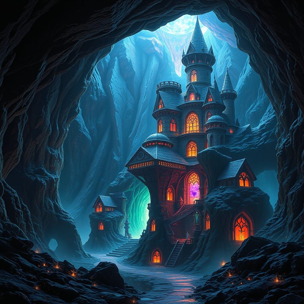 Subterranean Castle with Glowing Crystals, Fantasy Art