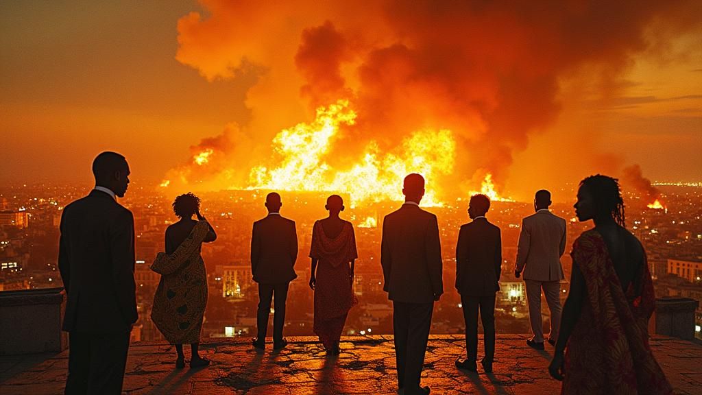 Inferno Engulfs Luanda: Afrofuturist Cityscape in Flames