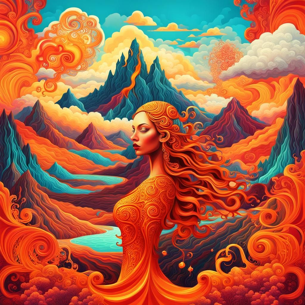 Surreal Mythological Woman with Psychedelic Scrollwork