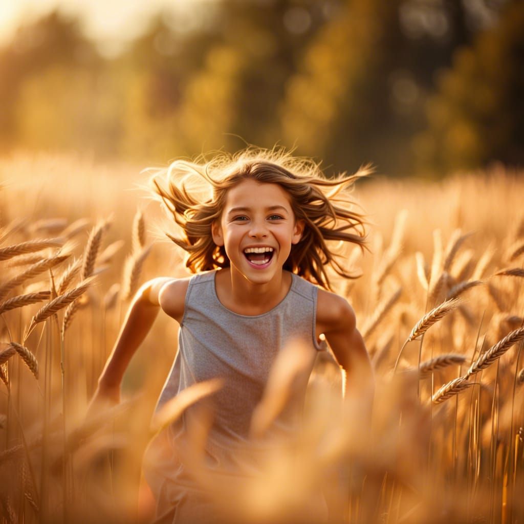 Joyful Girl Running Through Wheat Field