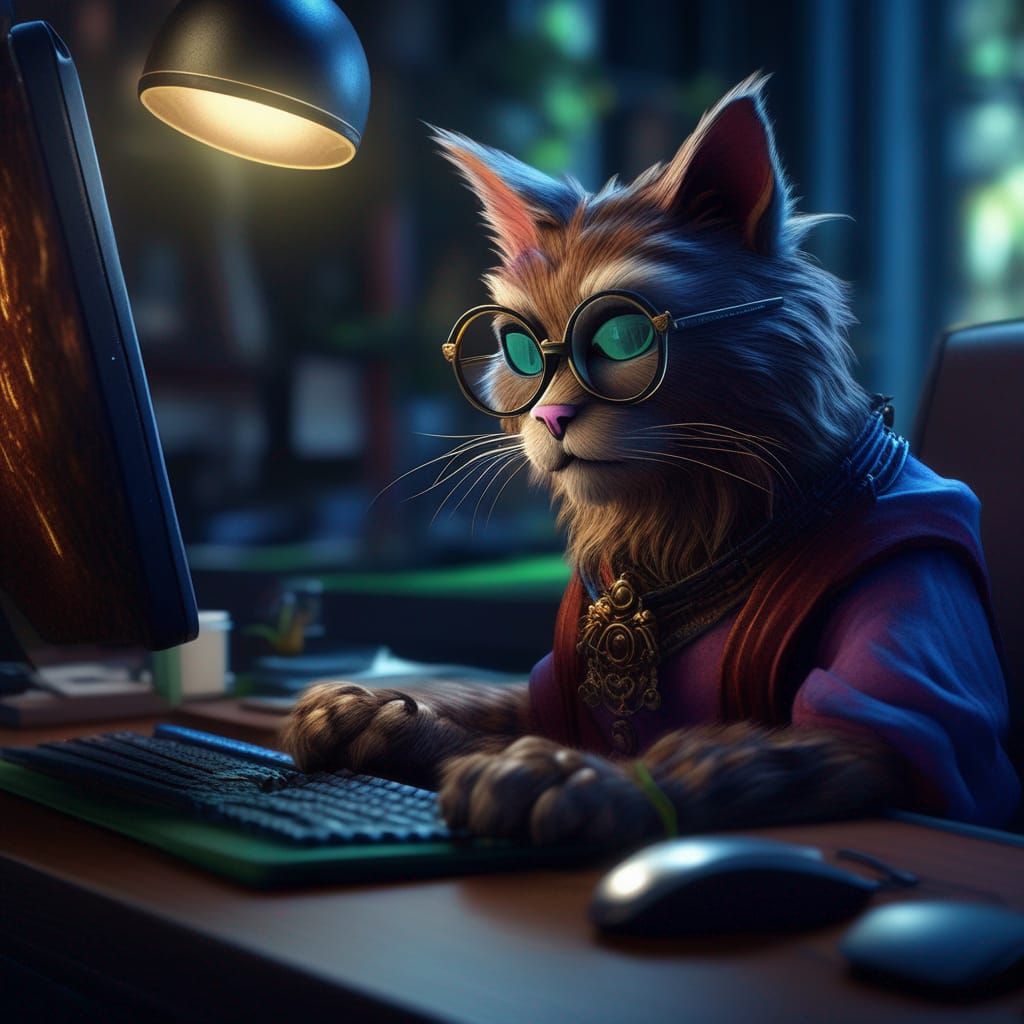 Fantasy Cat Receptionist in Detailed Digital Painting