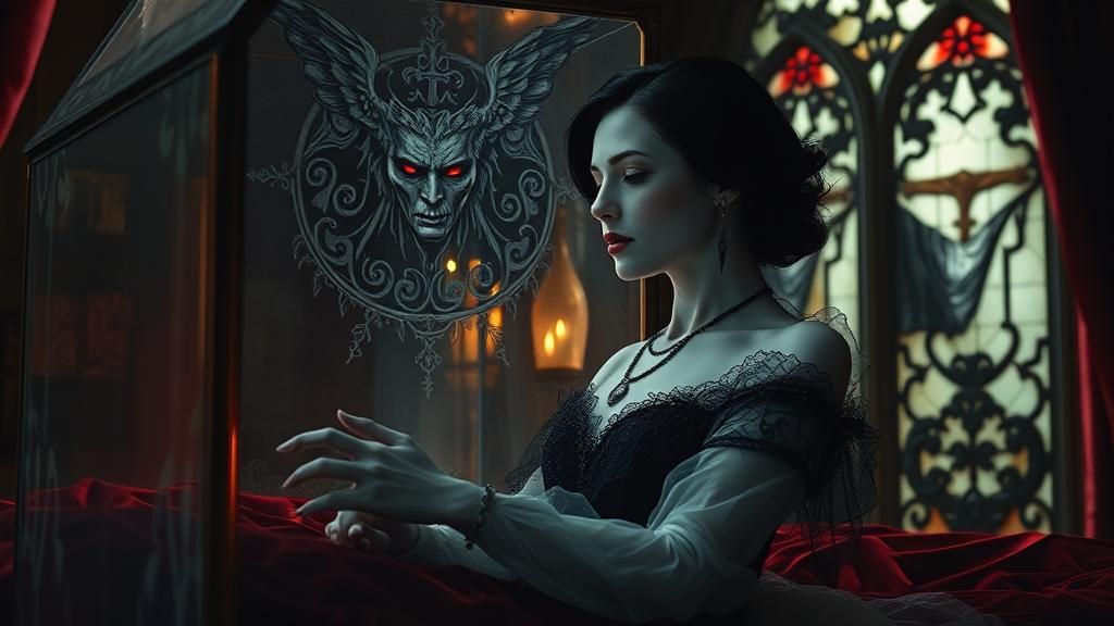 Vampire Awakening in Gothic Glass Coffin