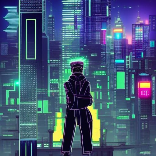 Cyberpunk Ninja Overlooking Neon Cityscape