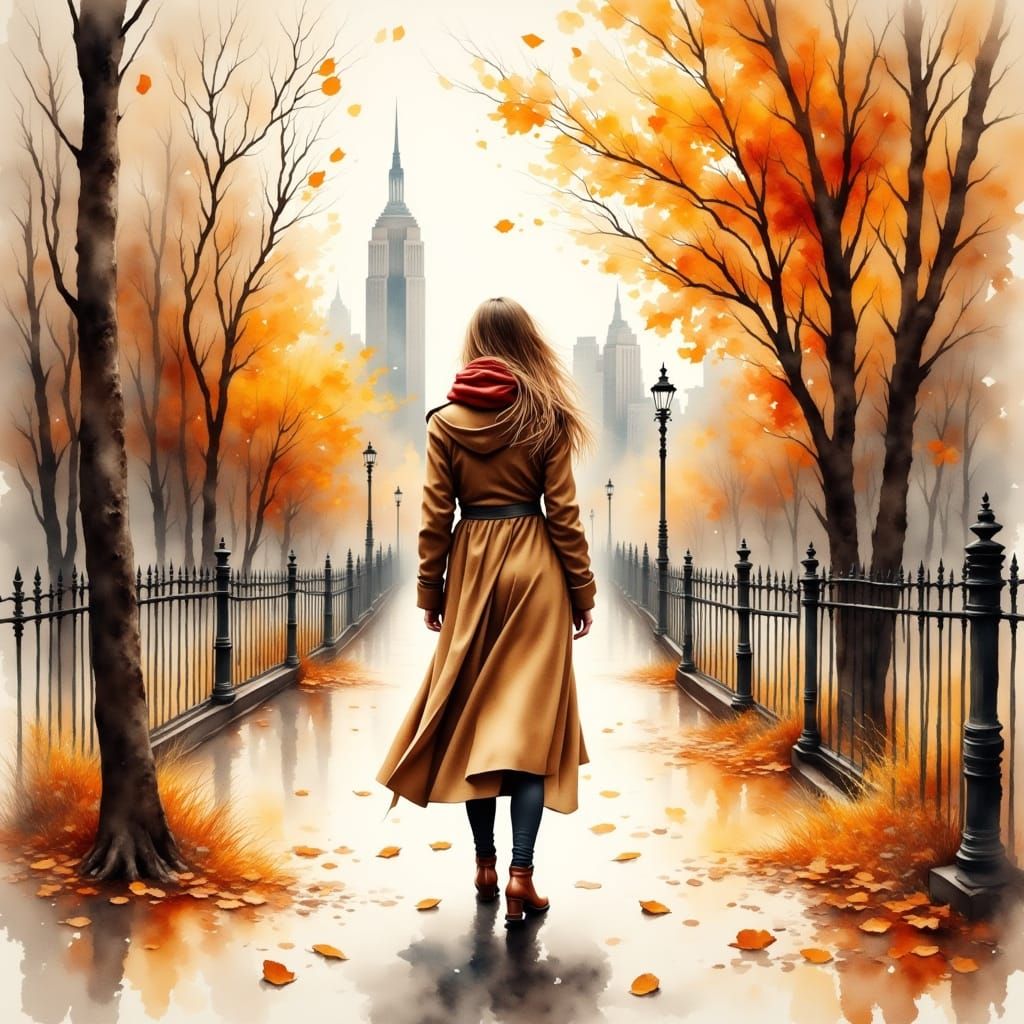 Autumn in Central Park, Soft Watercolor