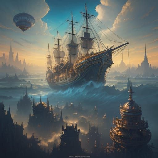 Steampunk Airship Soaring Over Floating Islands