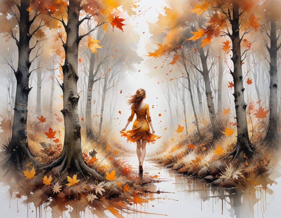 Autumn Forest Clearing with Swirling Amber Leaves