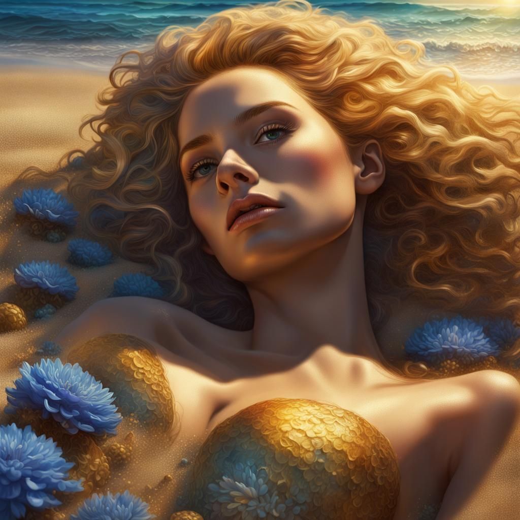 Mermaid Lounging on Beach with Blue Flowers